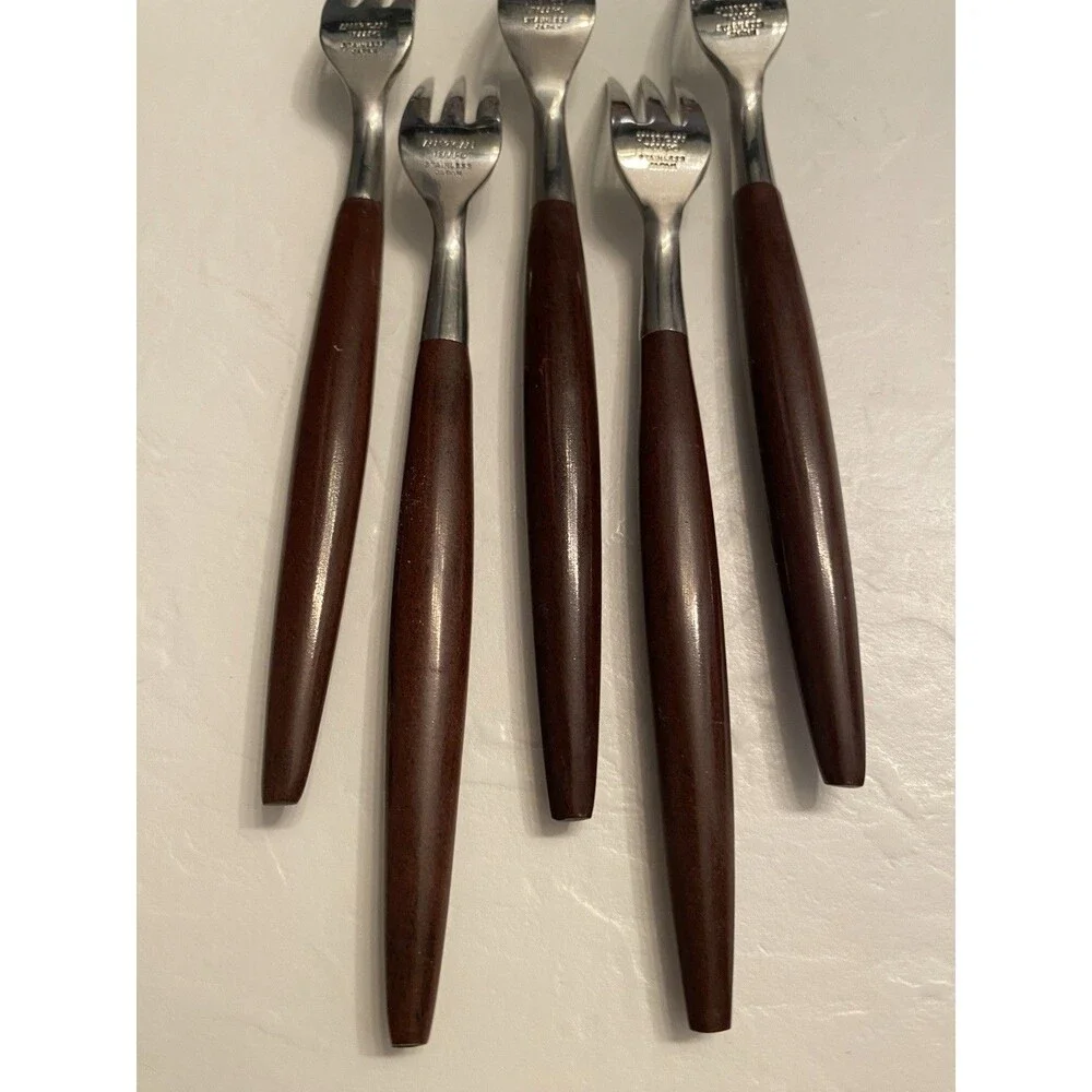 5) MCM AMERICAN TEMPO Oyster Forks Stainless Wood Handle Silverware Flatware